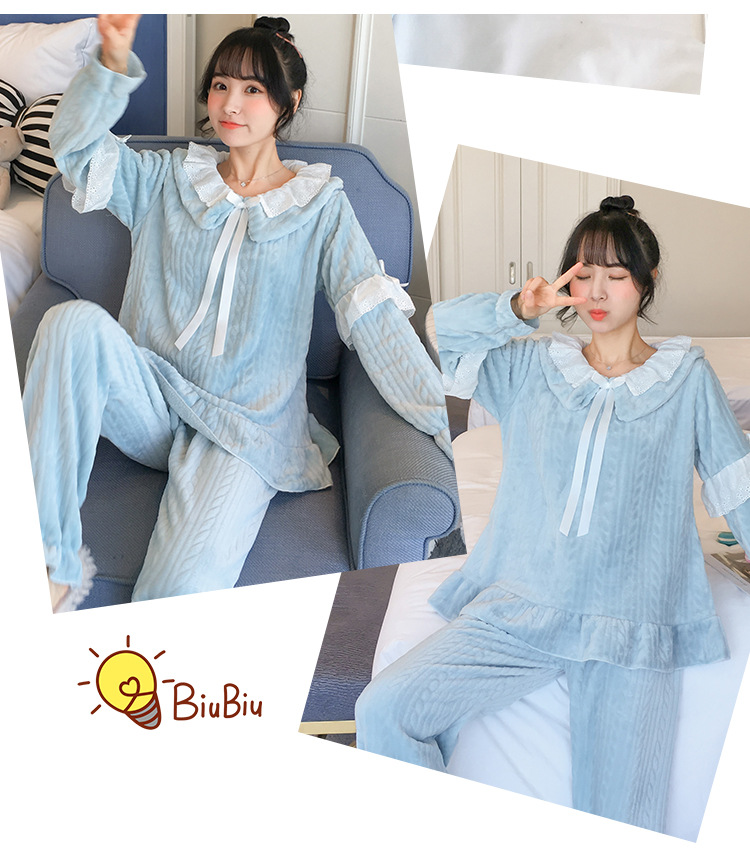 冬季法兰绒加厚简单家居服女士青少年睡衣