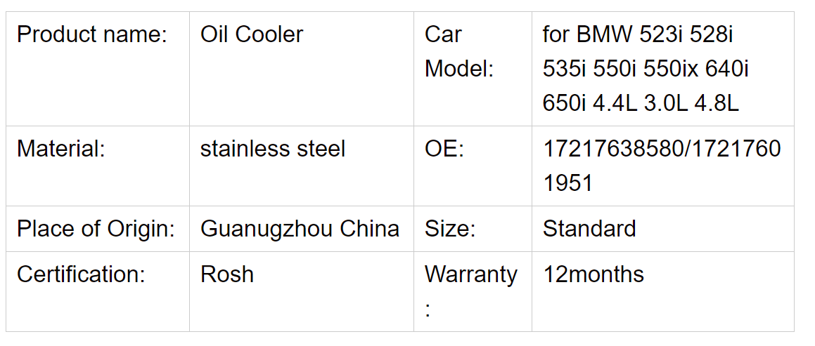 Auto car part Direct sales Stainless Steel Oil cooler for BMW 523i 528i 535i 550i 