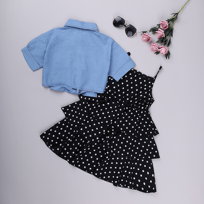 2020衣服套装波点吊带公主裙+牛仔披肩2件女孩青少年休闲裙