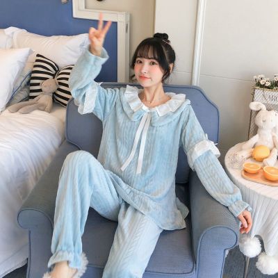 冬季法兰绒加厚简单家居服女士青少年睡衣