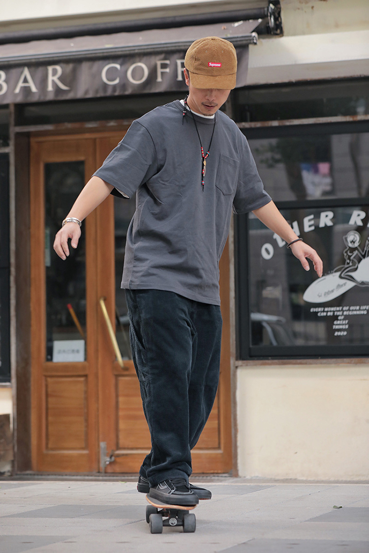 2021日式罗纹小O领水洗复古重磅棉质带口袋男士青少年T恤
