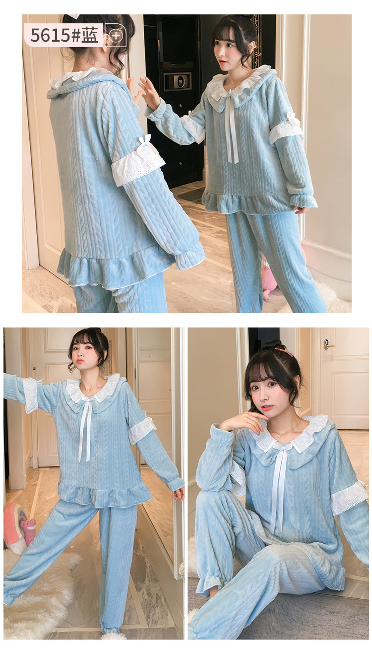 冬季法兰绒加厚简单家居服女士青少年睡衣