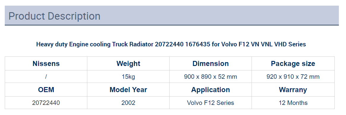 Volvo F12 VN VNL VHD series heavy duty truck cooling radiator