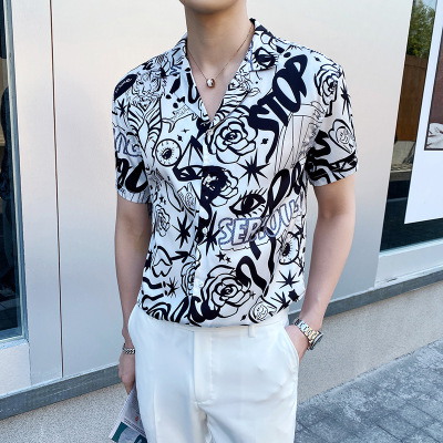 批发夏季酷碎花青少年男士休闲衬衫