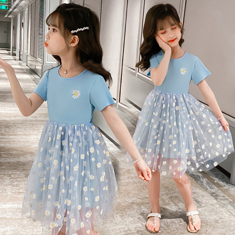 2021夏季花朵印花短袖派对少女裙