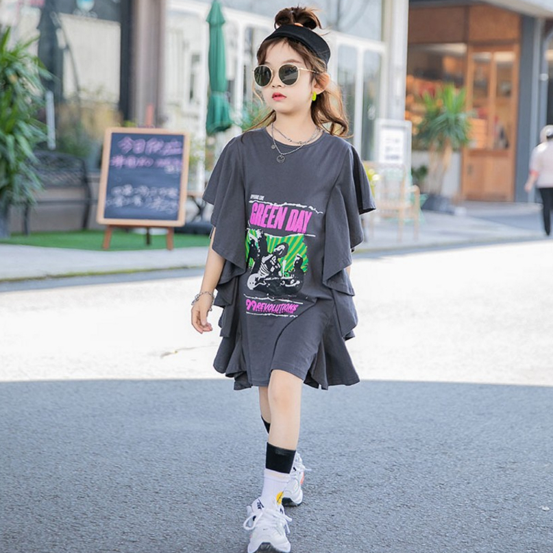 2021年新款夏季灰色印花棉质短袖大女孩连衣裙
