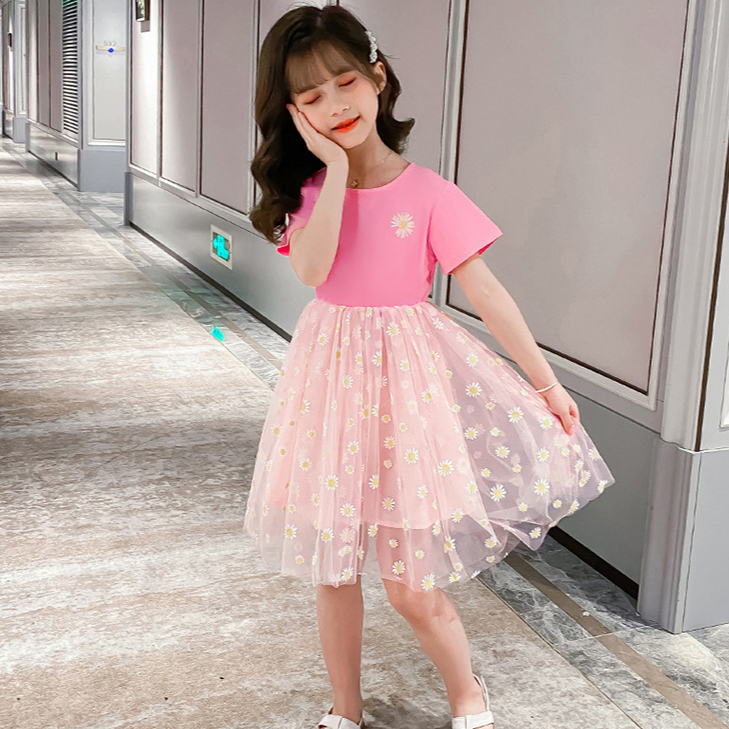 2021夏季花朵印花短袖派对少女裙
