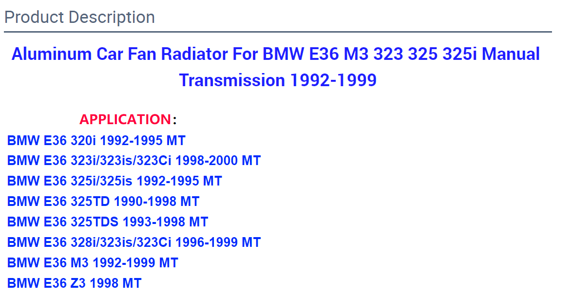 BMW E36 M3 323 325 325i manual transmission car fan radiator