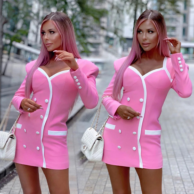 Europe and the United States pink shiny white button to close the deep V leads women dress