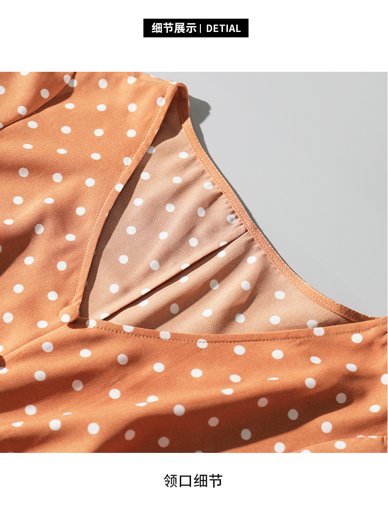 2021夏季法式复古收腰遮腹波点中长款女士V领连衣裙