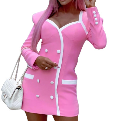 Europe and the United States pink shiny white button to close the deep V leads women dress