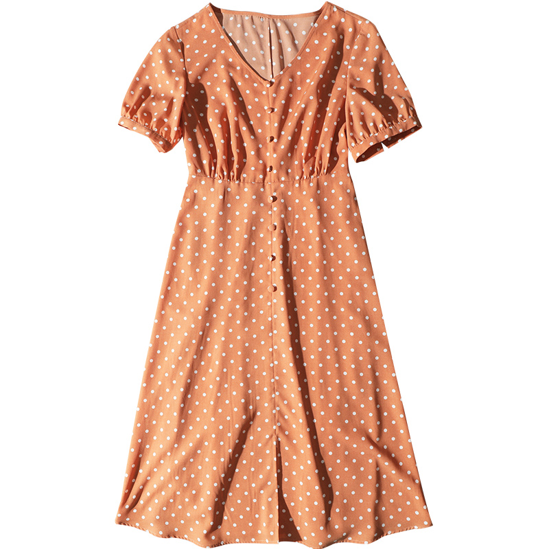 2021夏季法式复古收腰遮腹波点中长款女士V领连衣裙