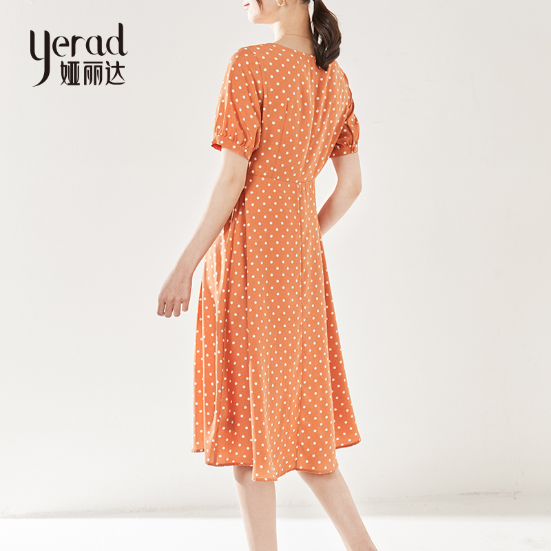 2021夏季法式复古收腰遮腹波点中长款女士V领连衣裙