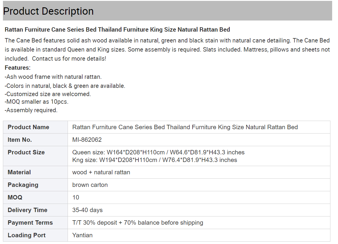 Thailand furniture oversize natural rattan makes bed