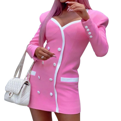 Europe and the United States pink shiny white button to close the deep V leads women dress