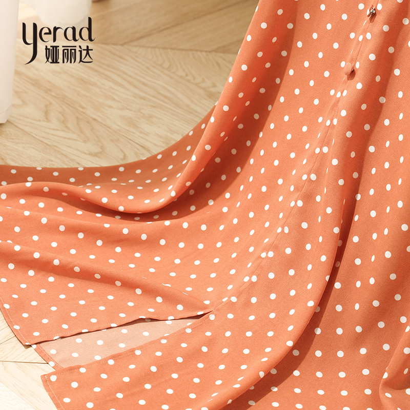 2021夏季法式复古收腰遮腹波点中长款女士V领连衣裙