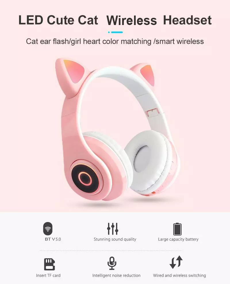 可调节立体声可爱的猫耳式儿童无线耳机