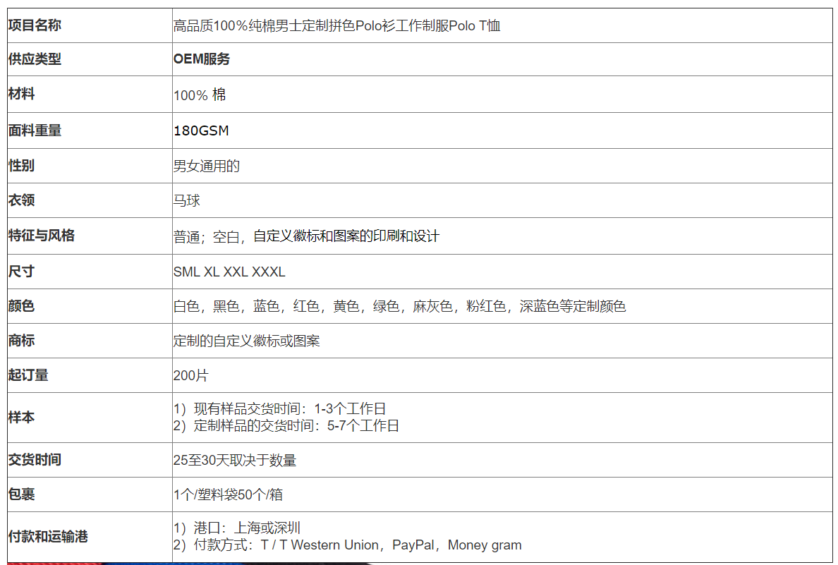 高品质100%纯棉拼色工作制服男士Polo衫