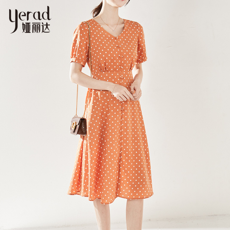 2021夏季法式复古收腰遮腹波点中长款女士V领连衣裙