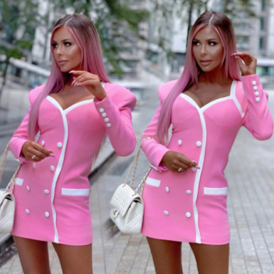 Europe and the United States pink shiny white button to close the deep V leads women dress