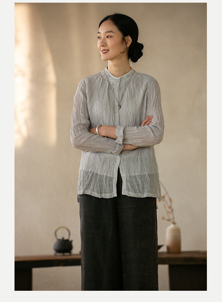 《有山》品牌设计宽松棉麻刺绣女士衬衣