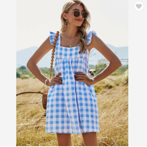 2021 Summer European and American plaid high waist A-line casual square neck backless women's dress
