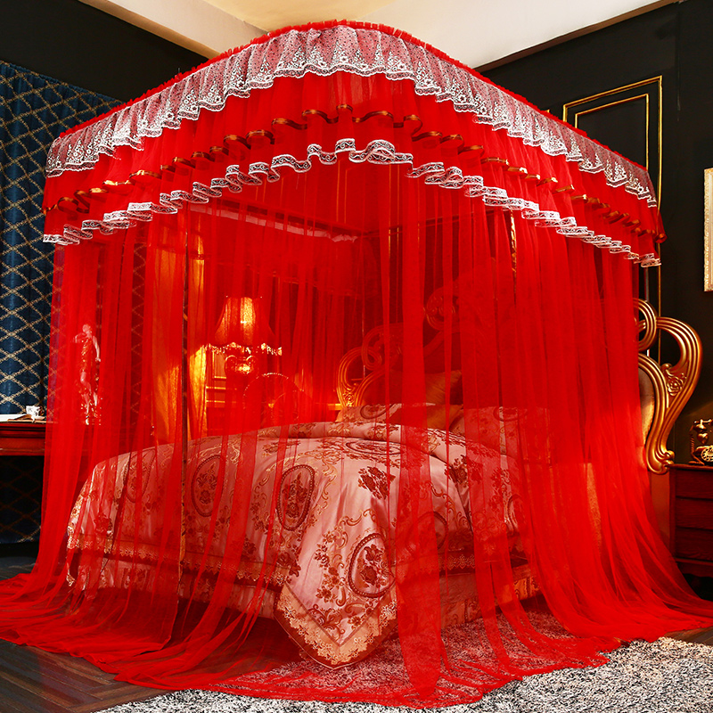 High quality elegant lace guide rail interior large space wedding red mosquito net