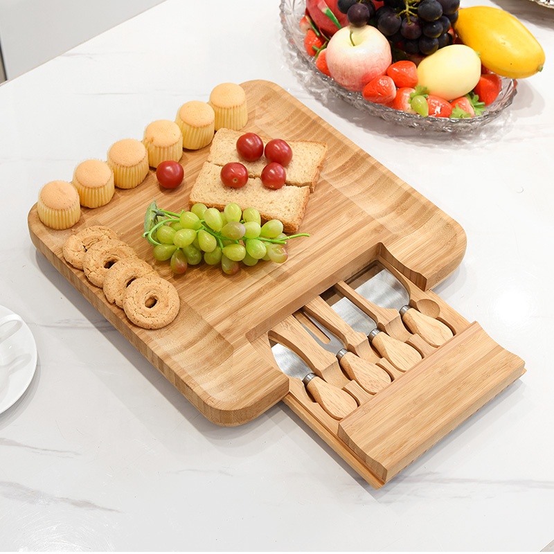 Wholesale bamboo cheese knife set with storage box Chopping board