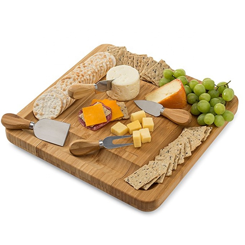 Wholesale bamboo cheese knife set with storage box Chopping board