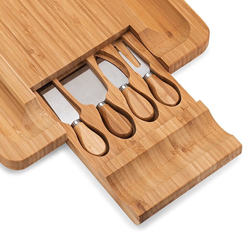 Wholesale bamboo cheese knife set with storage box Chopping board