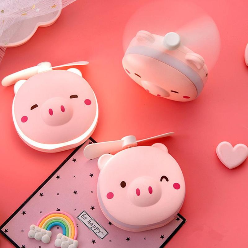 2 in 1 multifunctional LED light beauty mirror cartoon pig USB charging cooling outdoor small fan