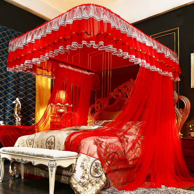 High quality elegant lace guide rail interior large space wedding red mosquito net