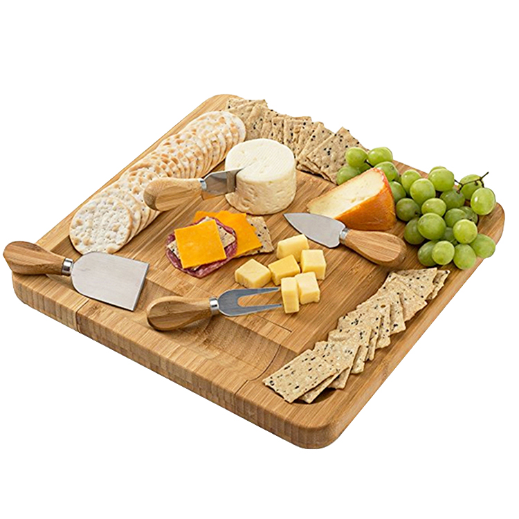 Wholesale bamboo cheese knife set with storage box Chopping board
