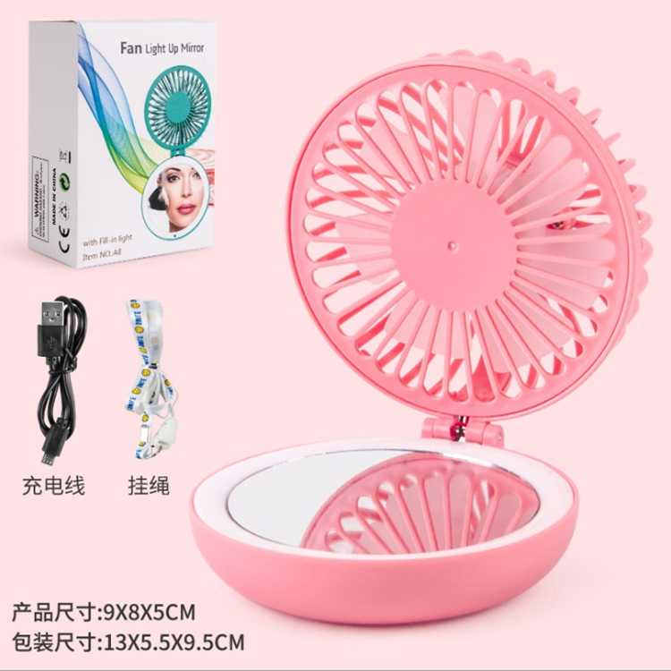 Fashion LED beauty lamp USB rechargeable portable handheld makeup mirror small fan