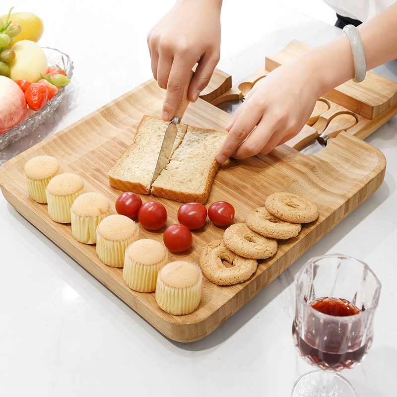 Wholesale bamboo cheese knife set with storage box Chopping board