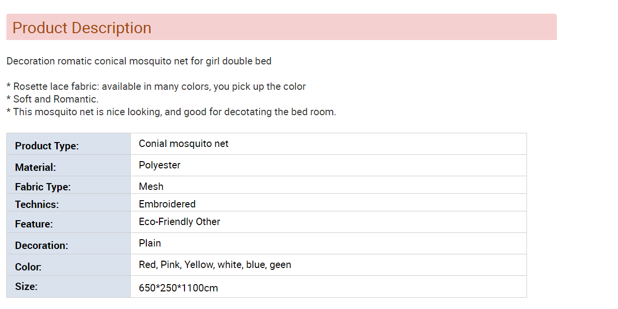 100% polyester tapered double bed net
