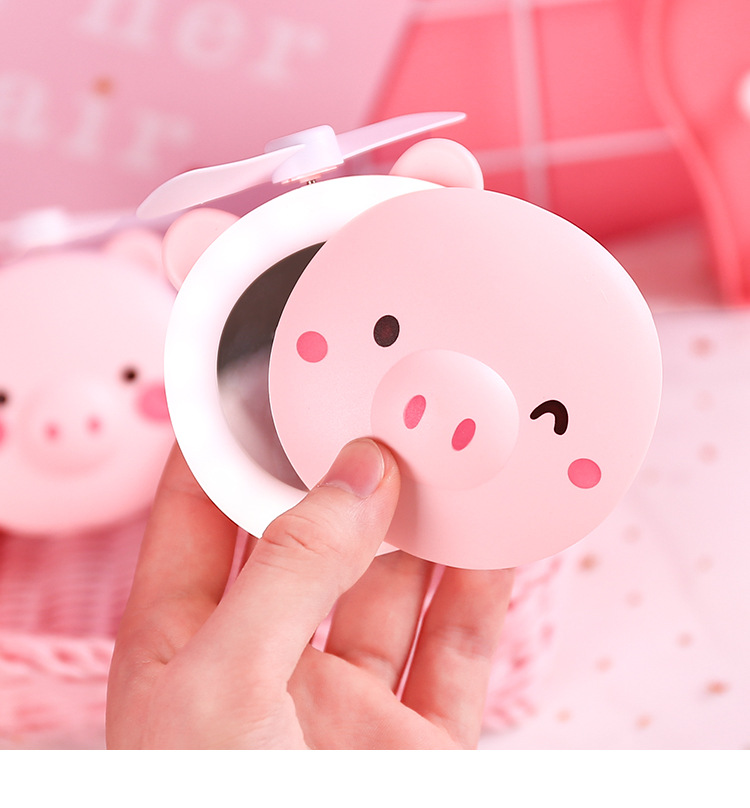 2 in 1 multifunctional LED light beauty mirror cartoon pig USB charging cooling outdoor small fan