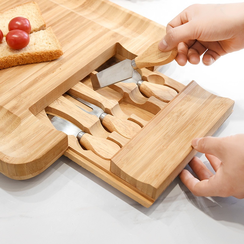 Wholesale bamboo cheese knife set with storage box Chopping board