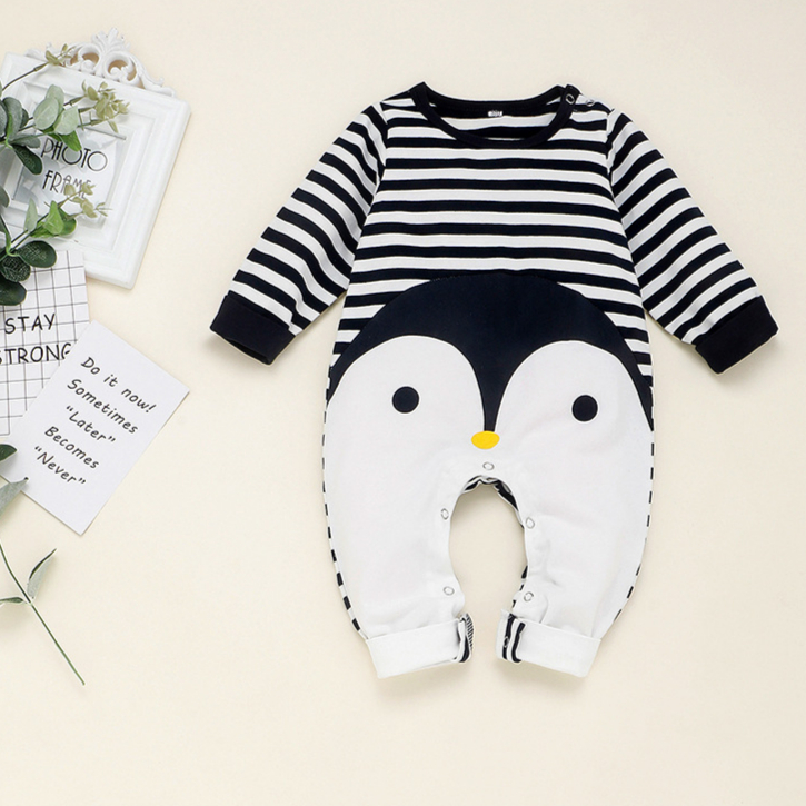 Factory stock Penguin print 0-18M newborn jumpsuit 100% cotton long sleeve jumpsuit