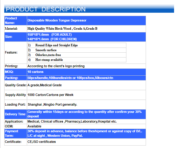 CE ISO certified grade A high quality disposable medical consumables sterile packaging Tongue depressor