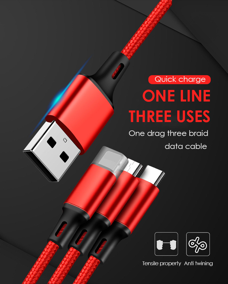 Honor mark 3 in 1 multi - fast charge USB mobile phone charging data cable