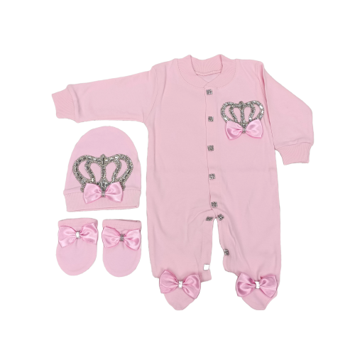 3 Pieces %100 Cotton Pink Girl Romper Set Newborn Clothes
