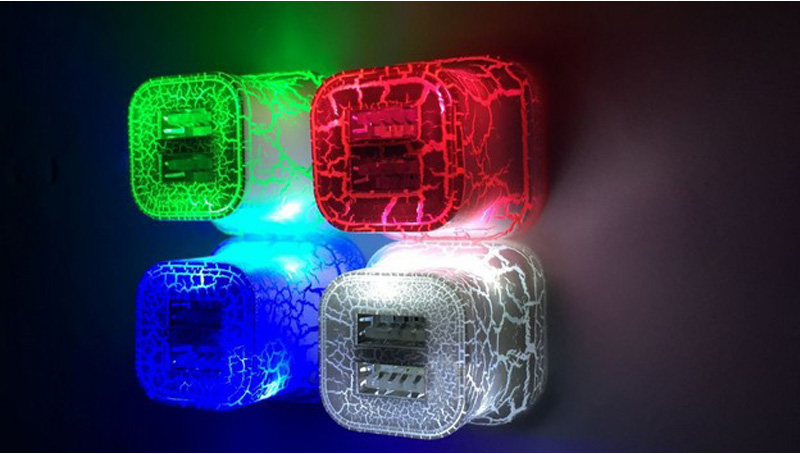 Crackle design colorful white red blue green 2.1A LED luminous travel home dual 2-port USB wall-mounted phone charger