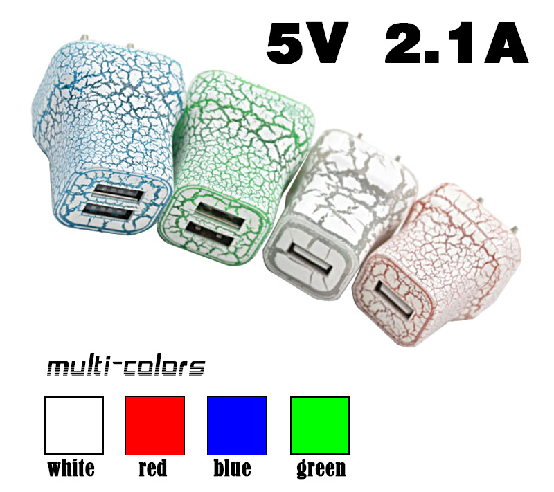 Crackle design colorful white red blue green 2.1A LED luminous travel home dual 2-port USB wall-mounted phone charger