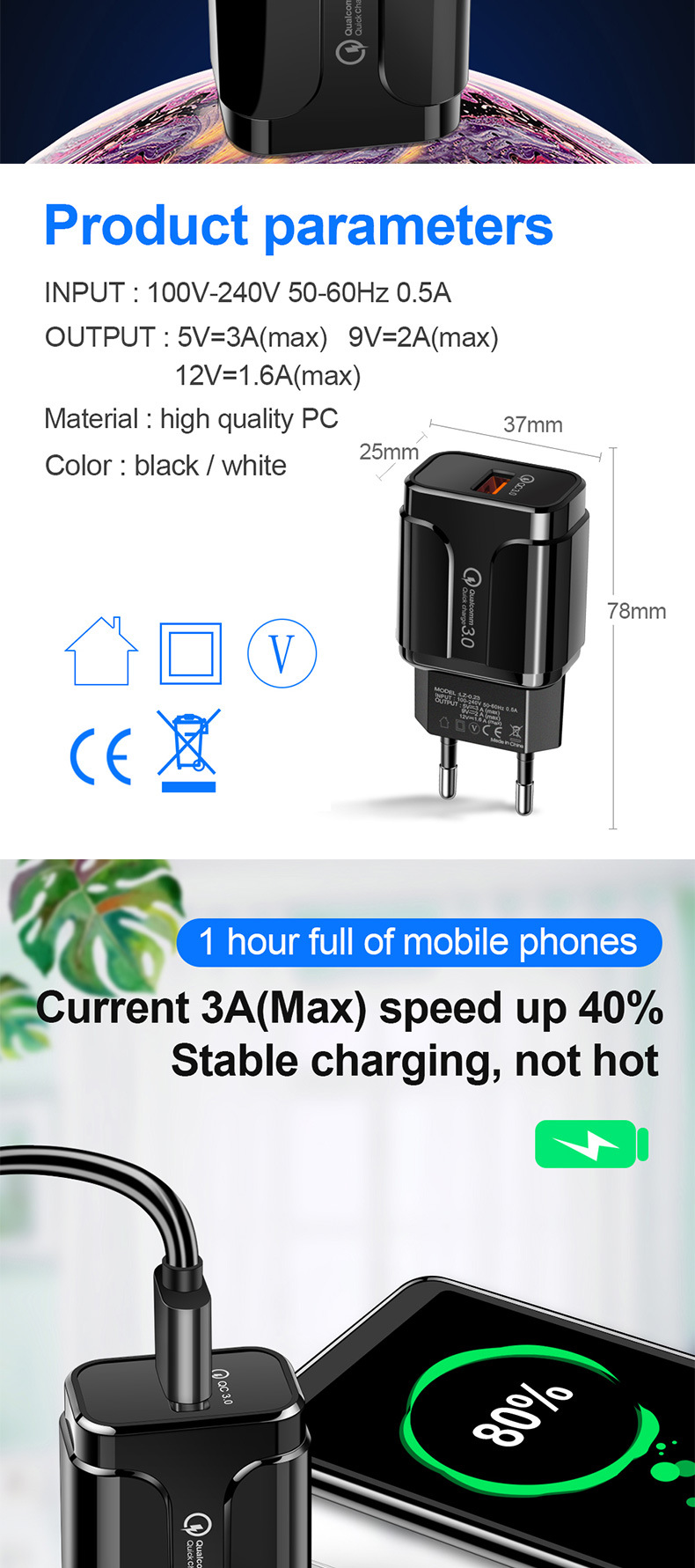 5V 3.1A USB Phone Charger US EU Charger Phone Fast Travel Adapter QC3.0 Mobile Charger Custom Logo