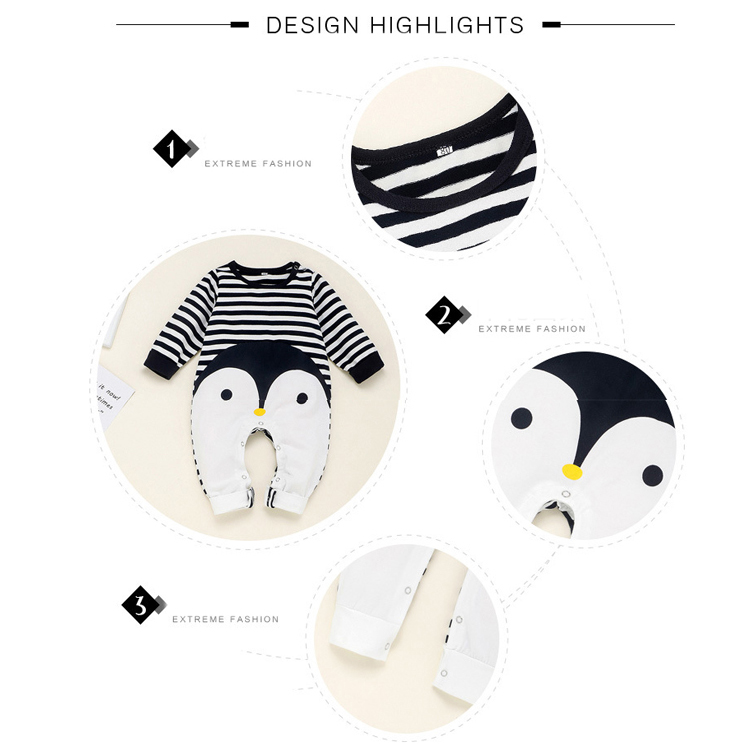 Factory stock Penguin print 0-18M newborn jumpsuit 100% cotton long sleeve jumpsuit