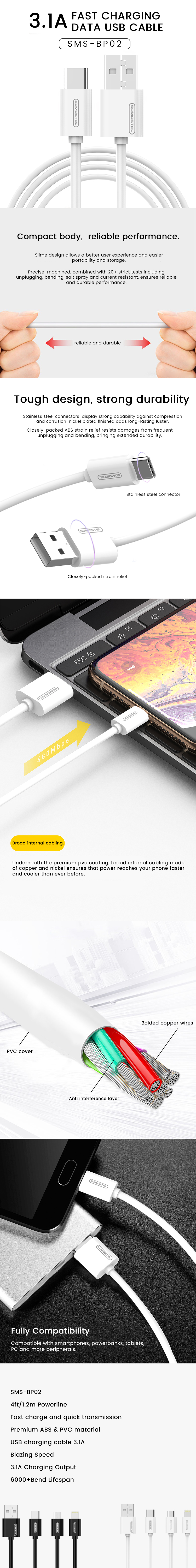 2021 Somostel BP02 1.2m 3.1a fast charging compatible with mobile phone USB data cable