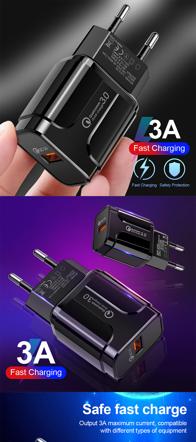 5V 3.1A USB Phone Charger US EU Charger Phone Fast Travel Adapter QC3.0 Mobile Charger Custom Logo