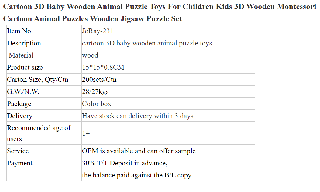 Cartoon 3D animal wooden jigsaw puzzle toy for Montessori baby