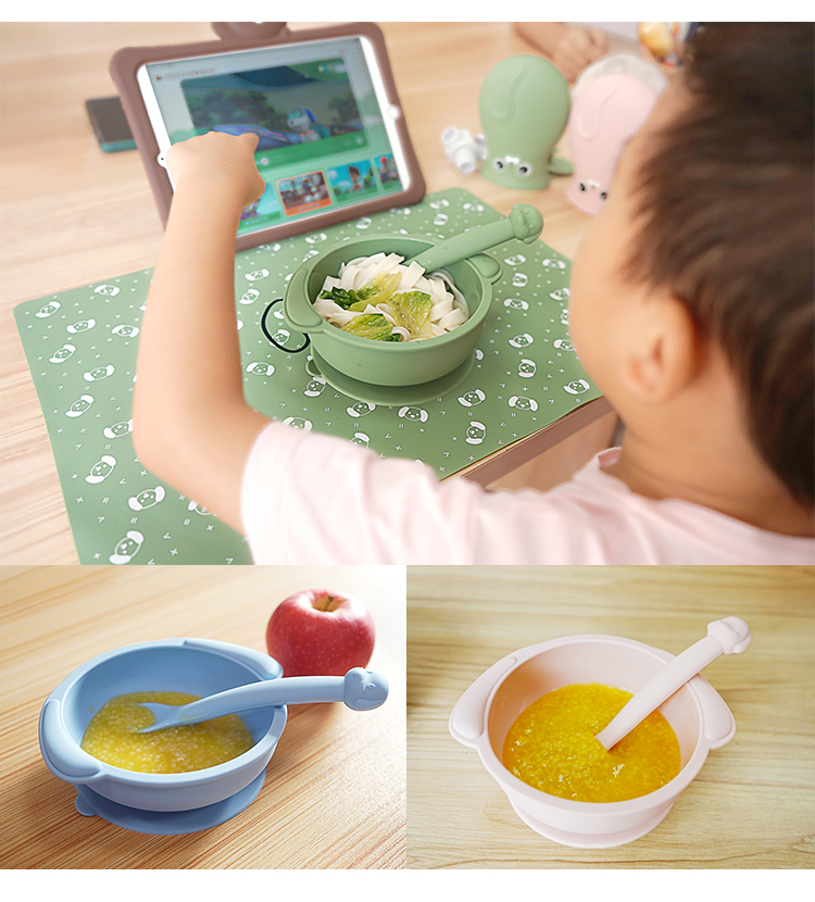 Custom Cartoon Dog Shape Baby Silicone Tableware Strong Suction Bowl and Spoon Set
